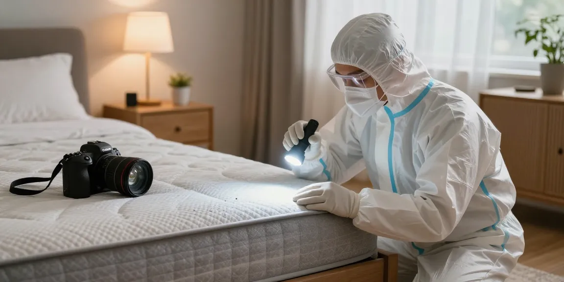 Bed bug pest control expert examining a cozy bedroom for bed bug signs, ensuring effective pest removal.