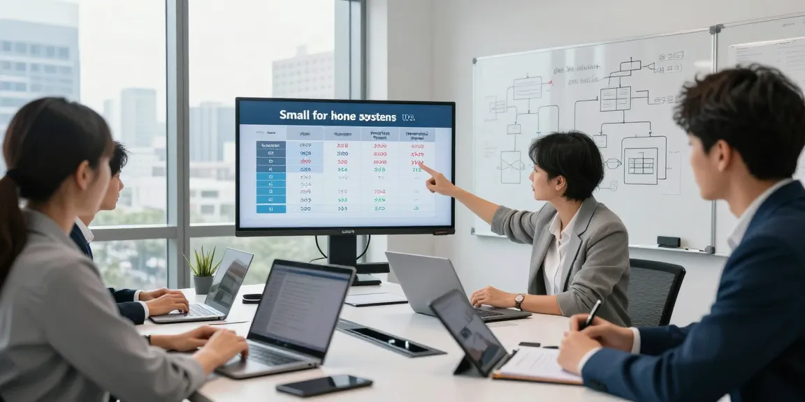 Team discussing phone systems for small business in a modern office