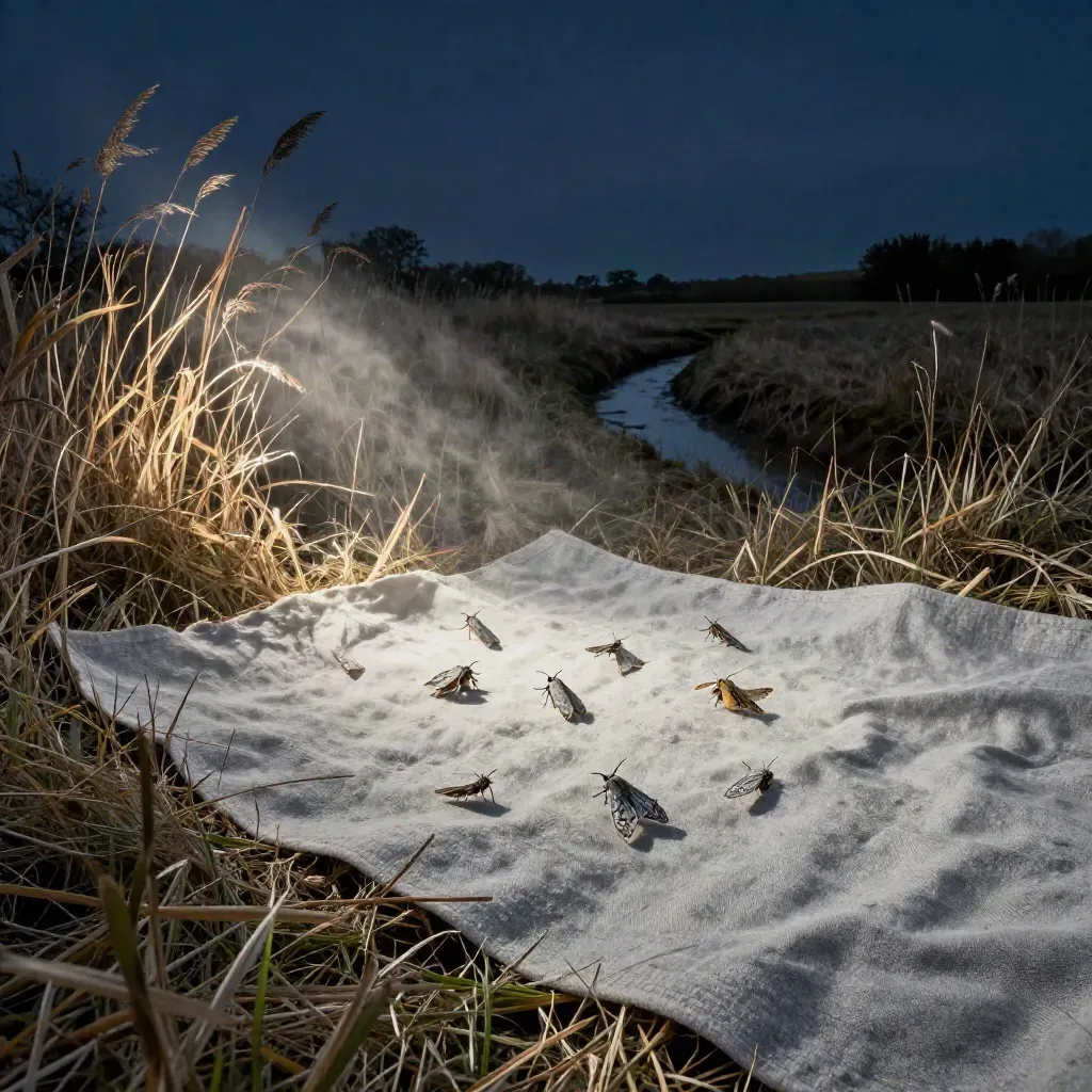 Torch-lit moth-counting scene with sheet, drifting moths, reeds and ditch at night.