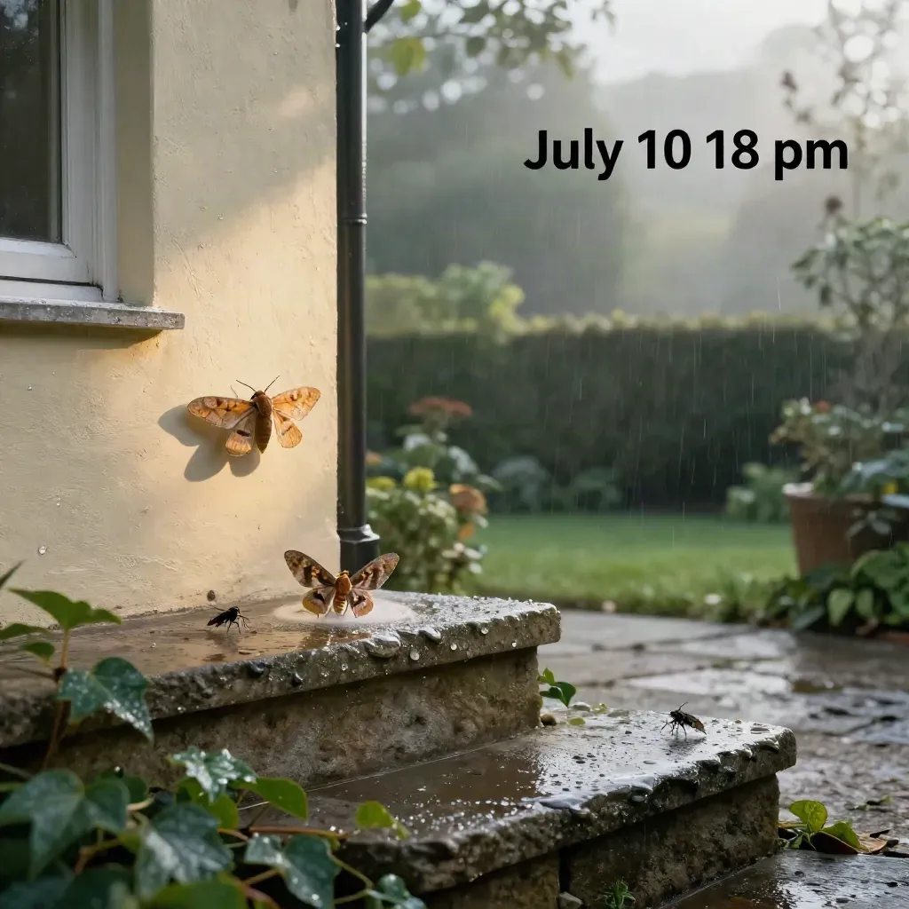 Buff-tip moths on a wet Herts porch at night, lit by one warm beam through mist and ivy.