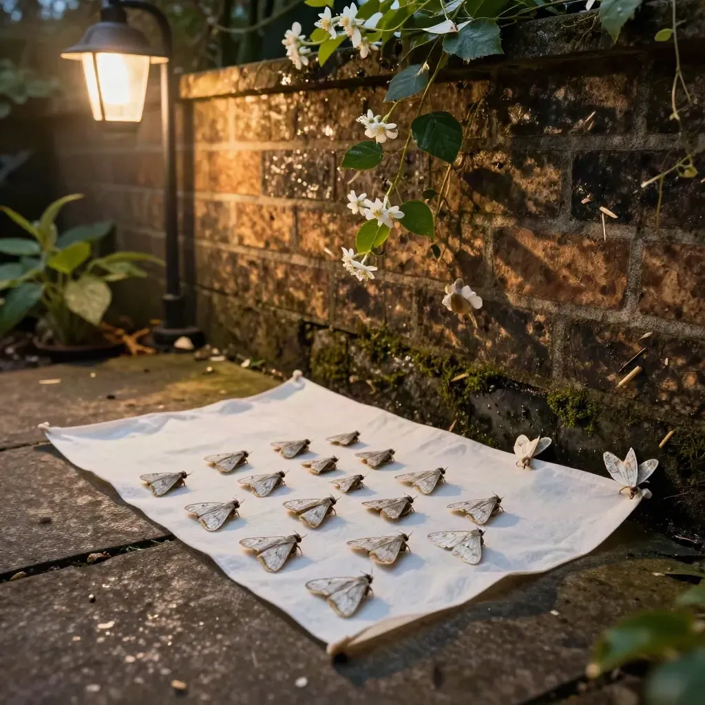 Low patio-corner view of moths gathering on a white sheet beside a brick wall and jasmine