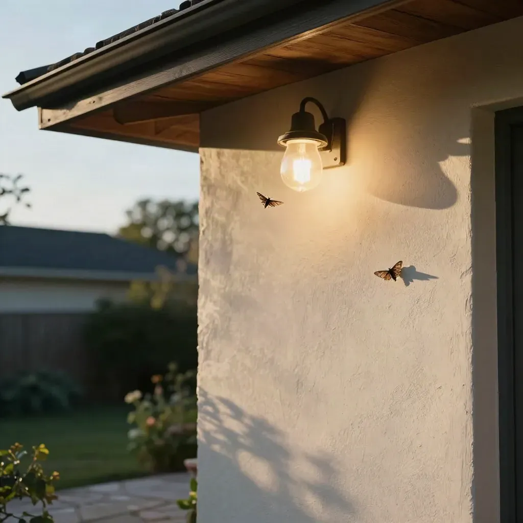 Porch light on a cream wall with moths circling under the eaves at dusk
