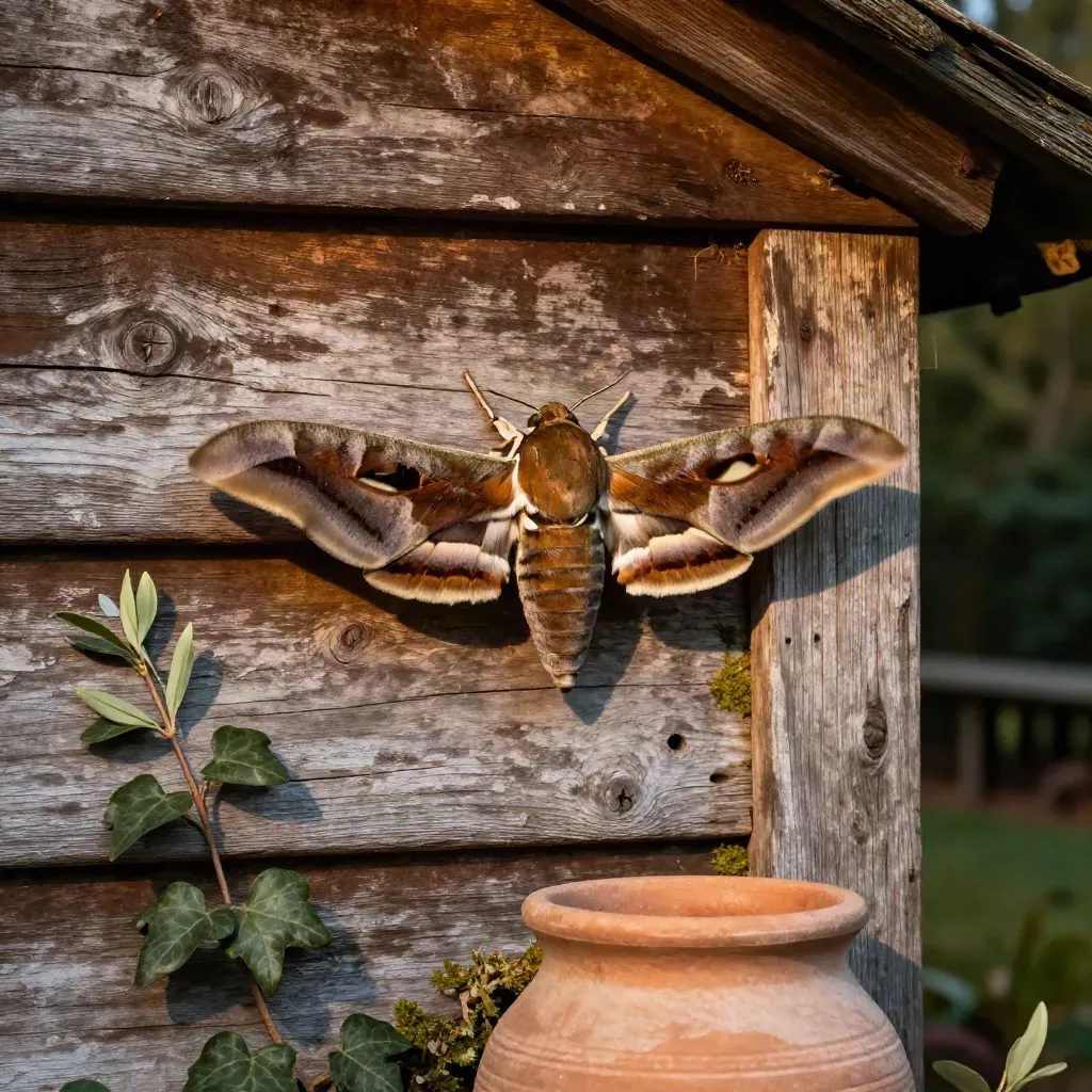 Hawkmoth landing on a weathered shed wall beside ivy and a clay pot.