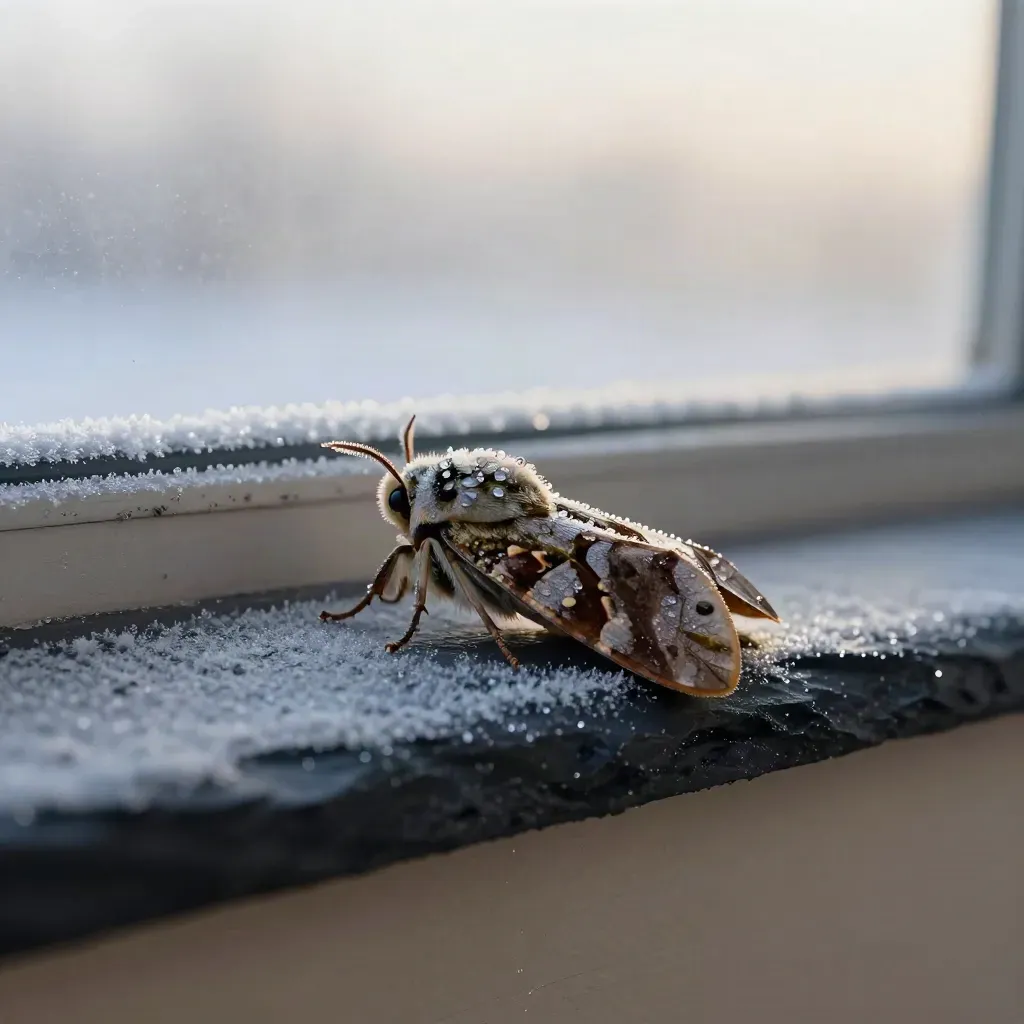 Winter moth on a frosty cream ledge with twigs in pale dawn light