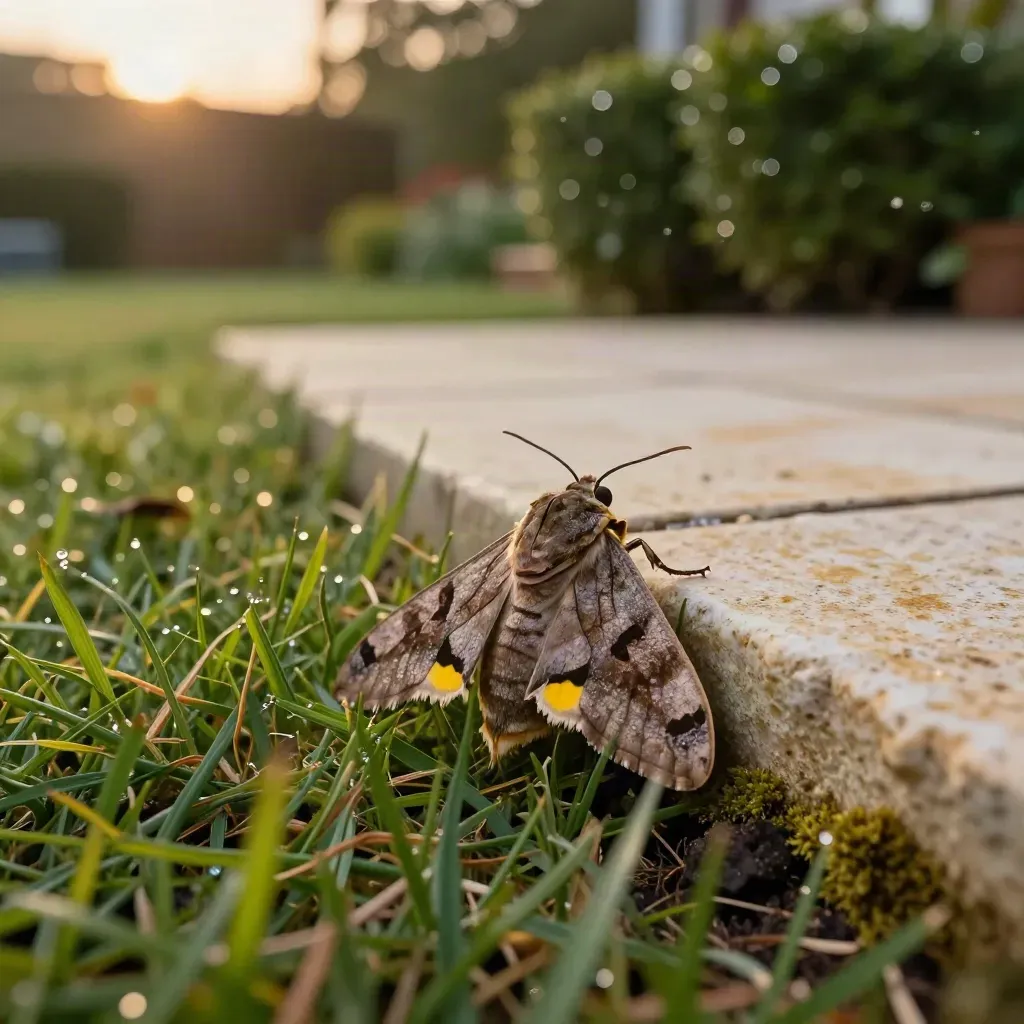 Large Yellow Underwing resting in grass by a patio slab and hedge at dusk.