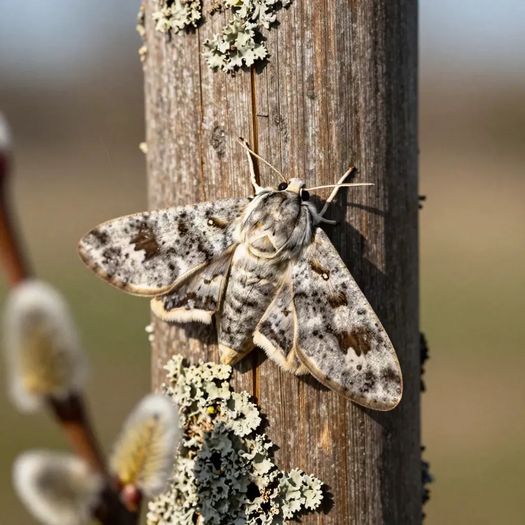 Hebrew Character moth resting on rough fence bark beside lichen and a pale catkin.