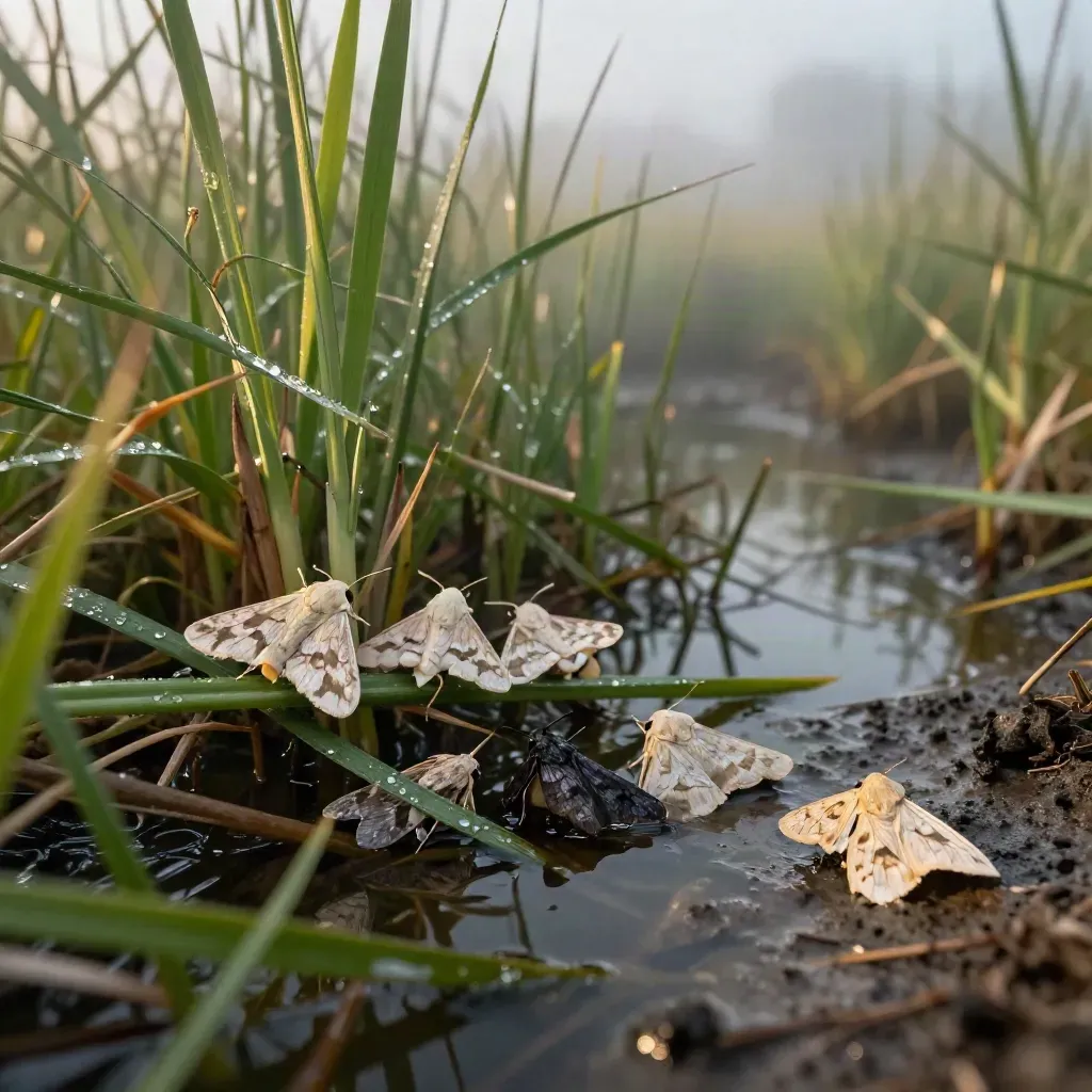 Wetland moths resting among reed tips beside dark water and a pale silt bank at sunrise.
