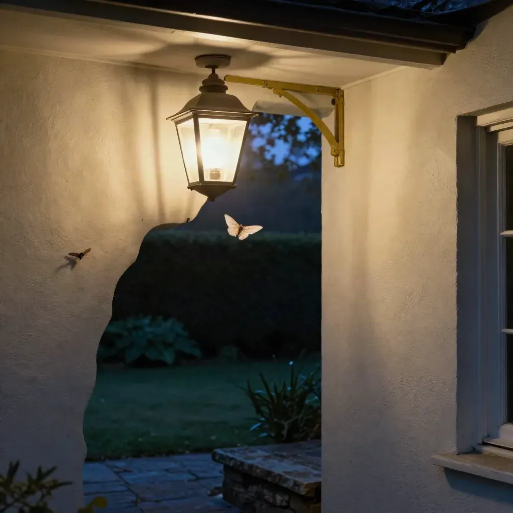 Night porch light with moths clustering on a wall, viewed from under the eaves.
