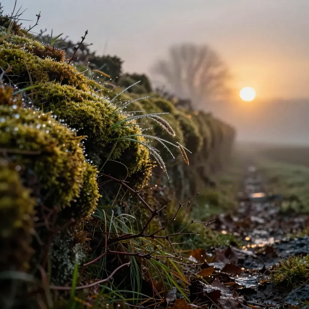 Dewy hedge bank with seed heads, bramble stems, leaf litter, and a distant moth trap glow.