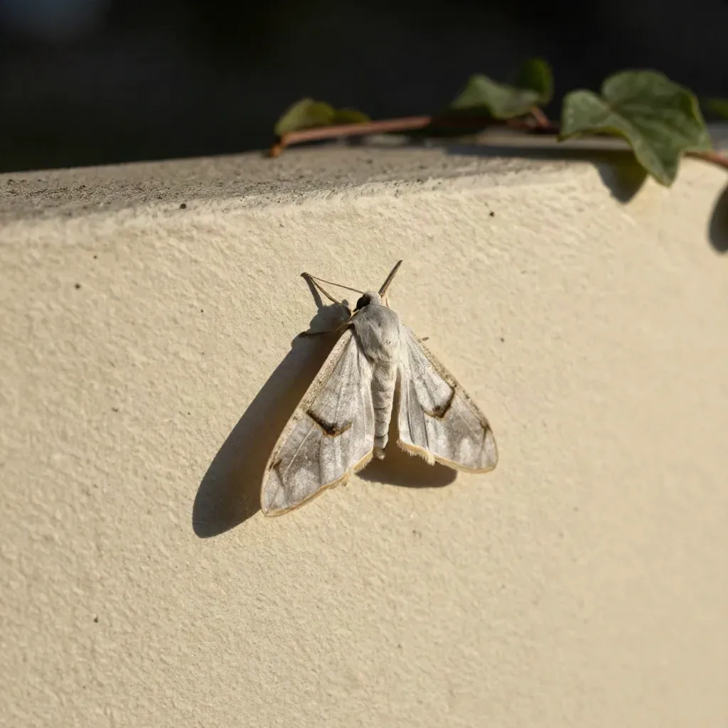 Moth on a cream wall beside a soft shadow and blurred ivy edge at night.