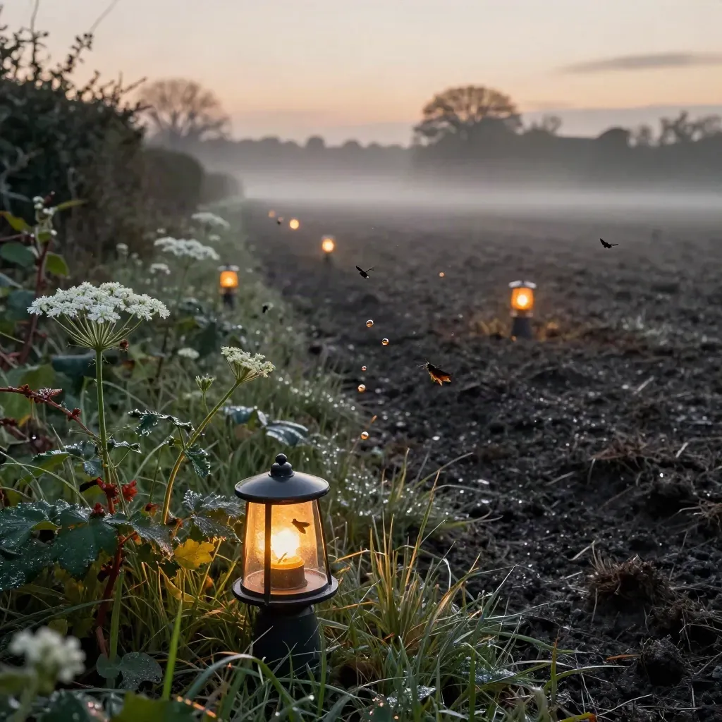 Amber moth trap glows across a misty Hertfordshire hedge bank at night
