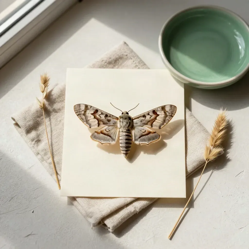 Pinned moth specimen on cream card with linen, green dish and grass stems on pale plaster.