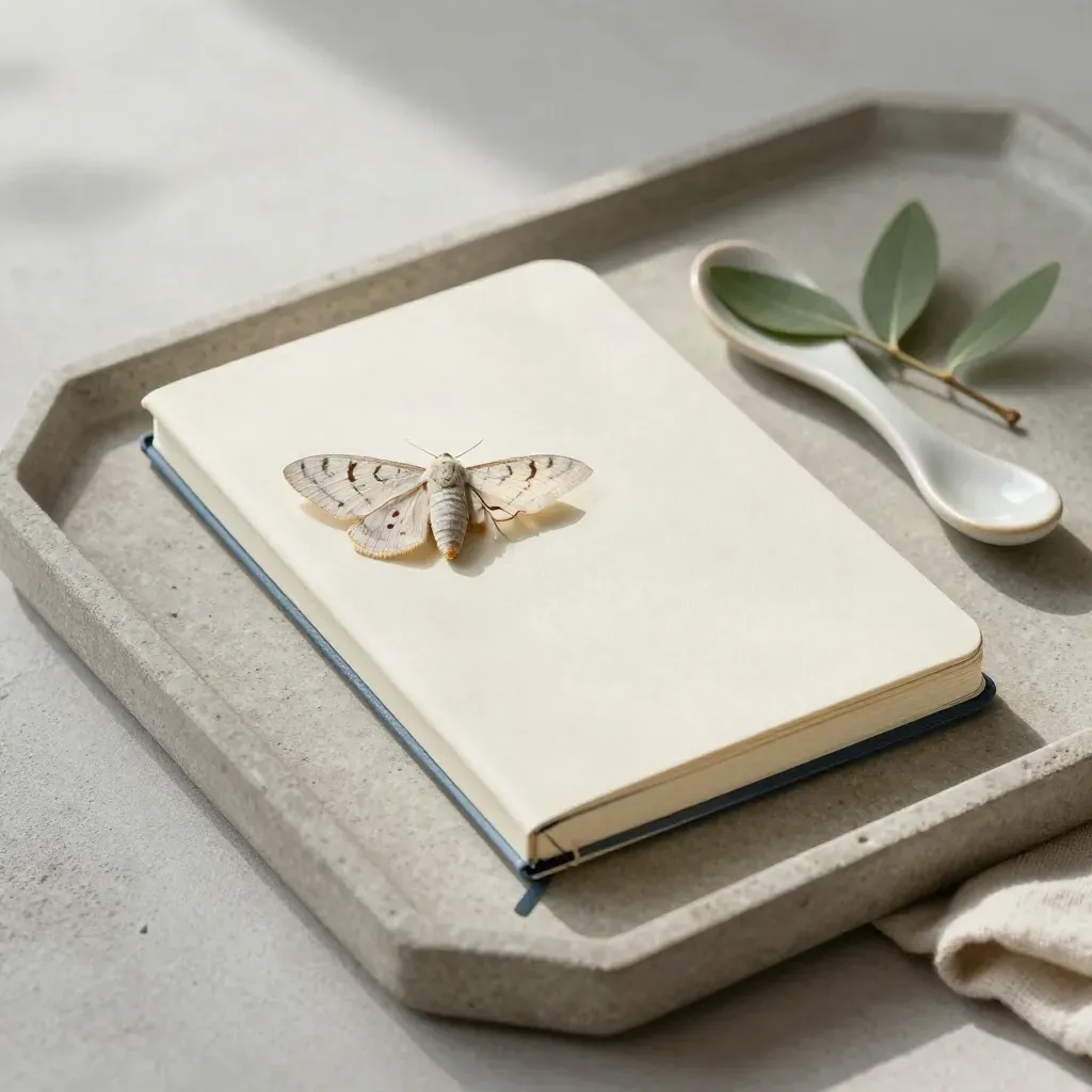 Closed field log notebook with a moth, ceramic spoon rest and hedge leaf on a stone tray.