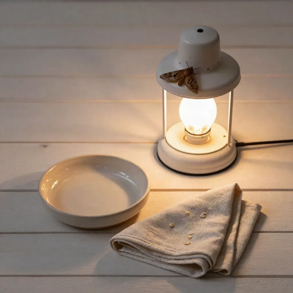 Top-down still life of a porch light, moth, ceramic dish and folded cloth on pale wood.