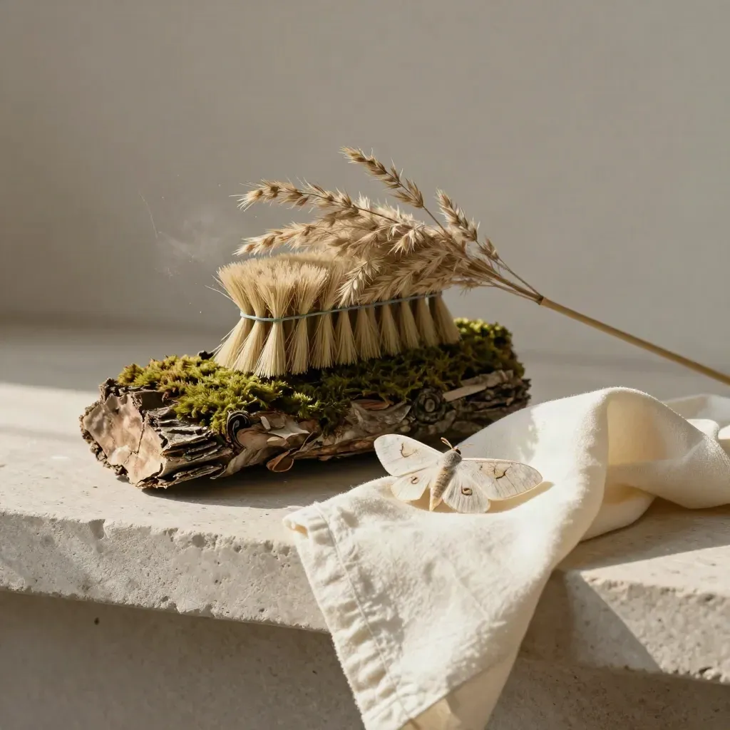 Dried reed, mossy bark, cream cloth and a resting moth on a pale stone shelf.